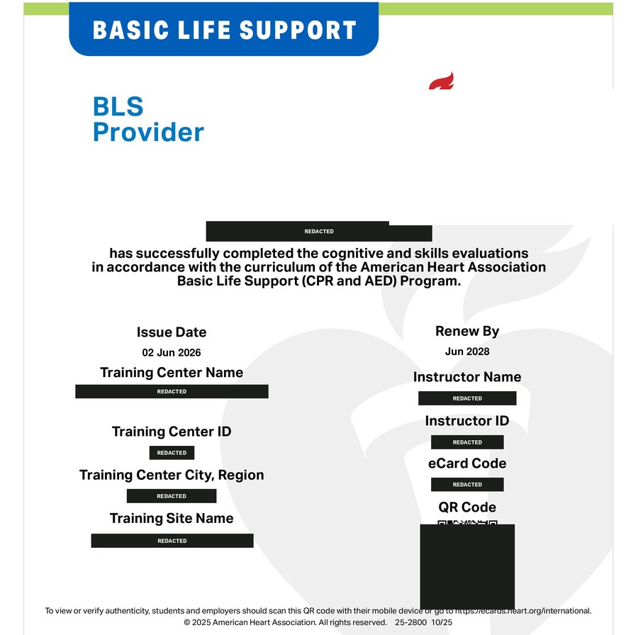 Sample Ardentus BLS provider eCard with personal details redacted, AHA logo removed